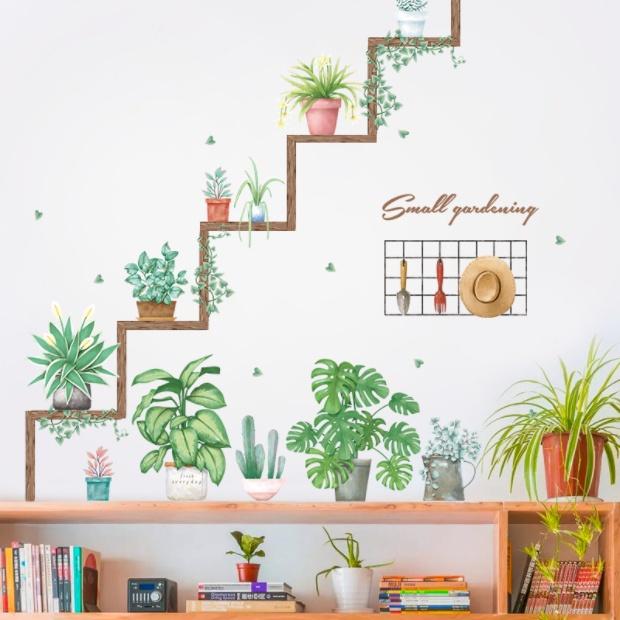 Decal trang trí tường - Kệ gỗ cùng những chậu cây xinh