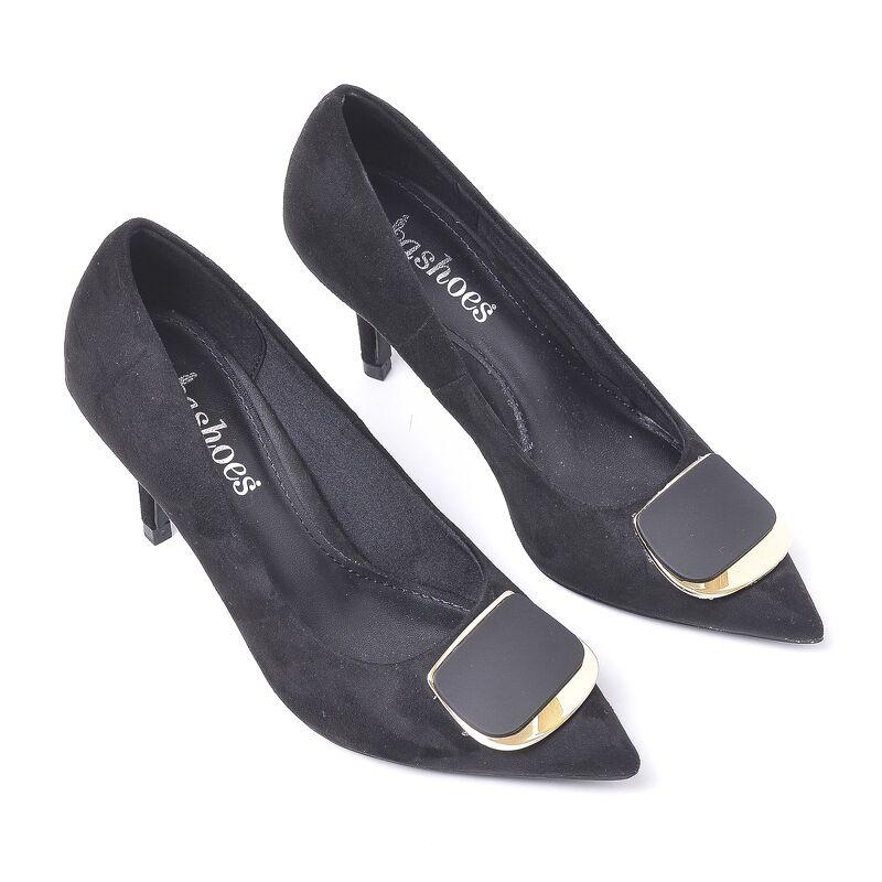 Giày cao gót mũi nhọn da lộn phố khuy kim loại 7cm Evashoes