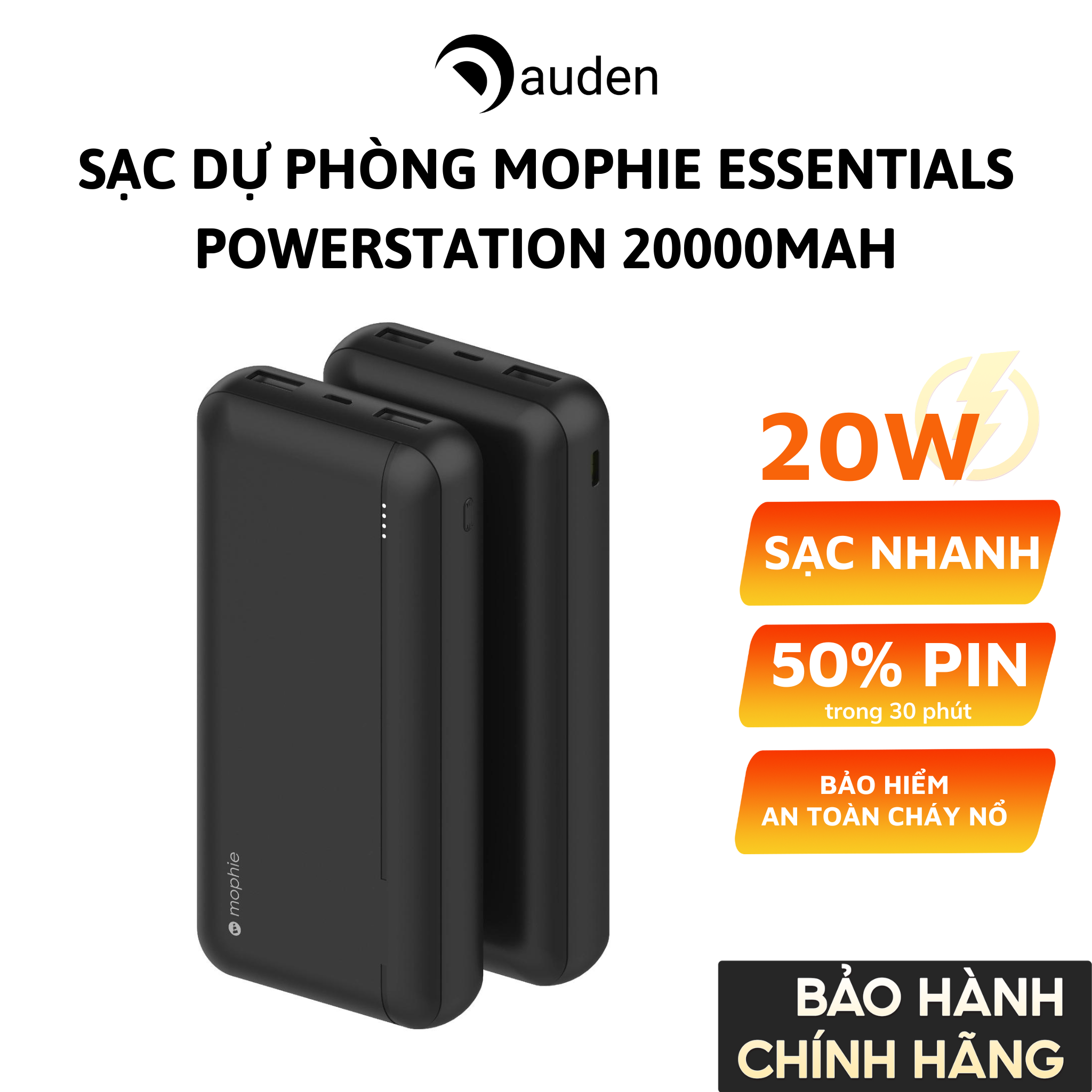 Sạc dự phòng mophie Essentials powerstation 20000mAh hỗ trợ sạc nhanh chuẩn PD 20w - Hàng chính hãng