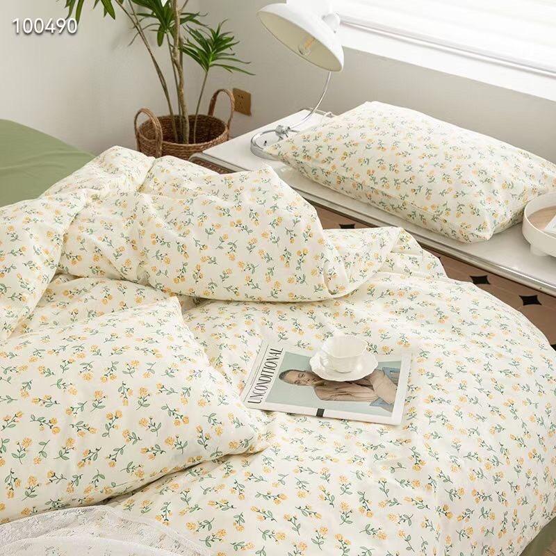 Bộ Chăn Ga Gối Cotton Living 100%cotton Hàng Nhập Khẩu Cao Cấp 4 Món Hoa Vintage Nhí Xanh