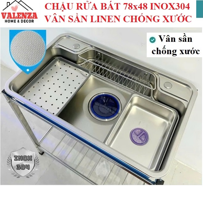 Chậu rửa bát inox304 chống xước 78x48cm nguyên khối không hàn, bộ xả 18cm, khay inox, thớt inox-Hàng chính hãng