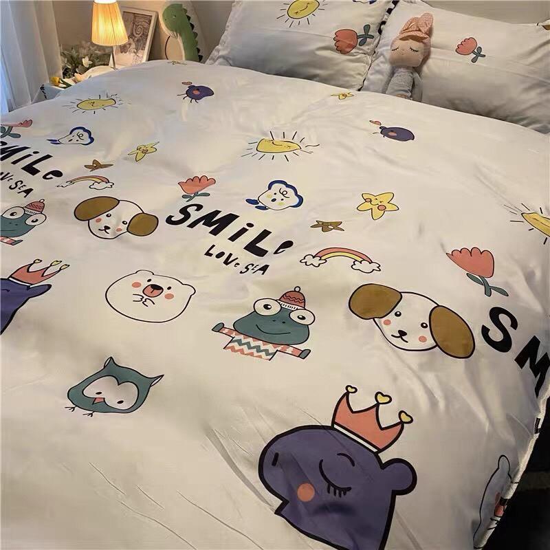 Bộ chăn ga Cotton Poly họa tiết chó đầu trắng - phong cách Hàn Quốc