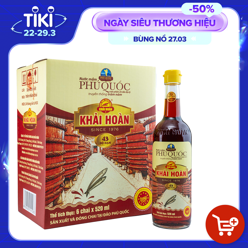 Đặc Sản Phú Quốc - Hộp 6 Chai Thủy Tinh Nước Mắm Phú Quốc Khải Hoàn 43 Độ Đạm (520Ml X 6) - Ocop 5 Sao