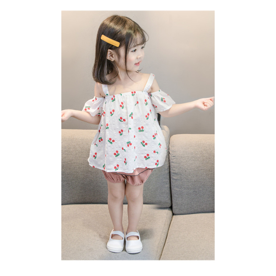 Bộ Áo 2 Dây Trễ Vai Phối Quần Short Xếp Tầng Xuất Hàn, Họa Tiết Quả Chery Ngọt Ngào Cho Bé Gái