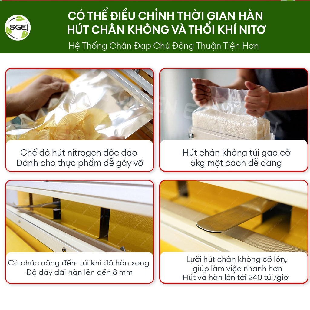 Máy ép chân không công nghiệp VC100-80. Tính năng hút chân không, thổi khí nitơ, hàn miệng túi khác nhau. Hàng chính hãng Thái Lan