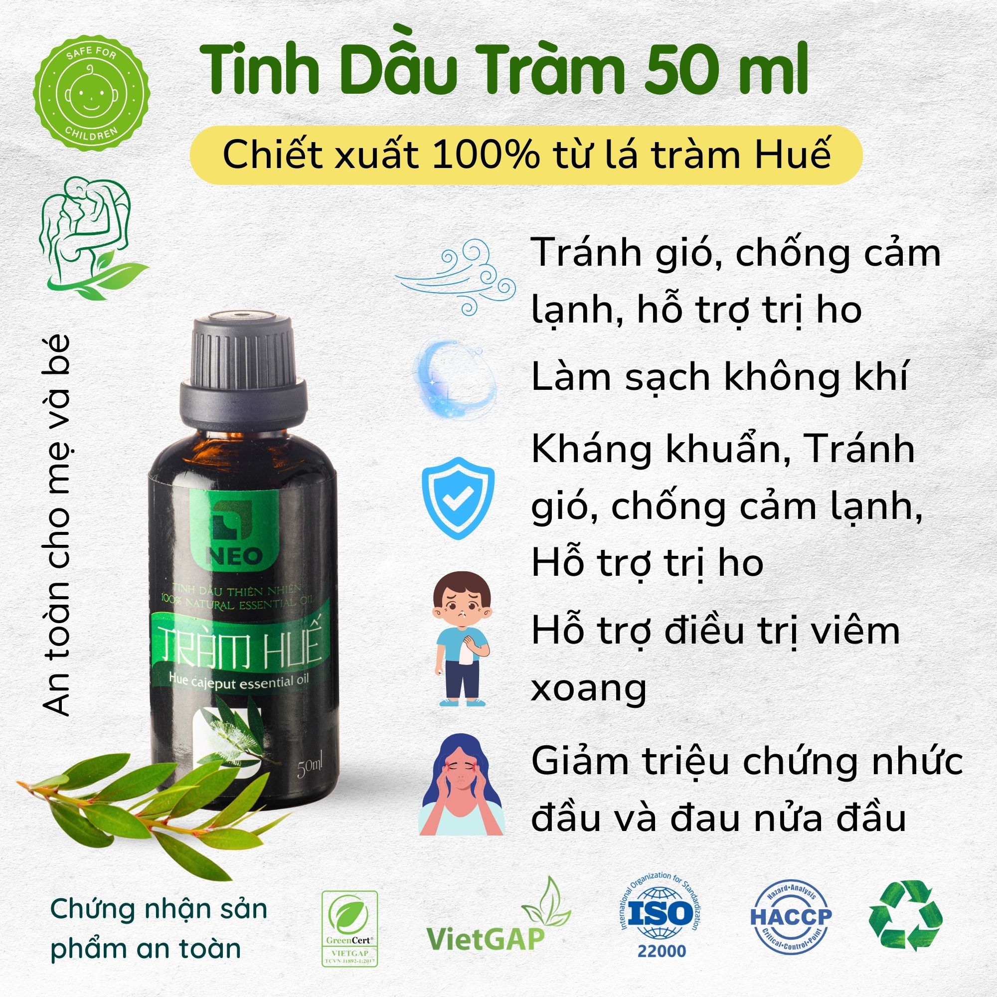 Tinh dầu Tràm Huế nguyên chất NEO - Đạt chuẩn OCOP 4 SAO - Đạt Chuẩn VietGAP - 50ml