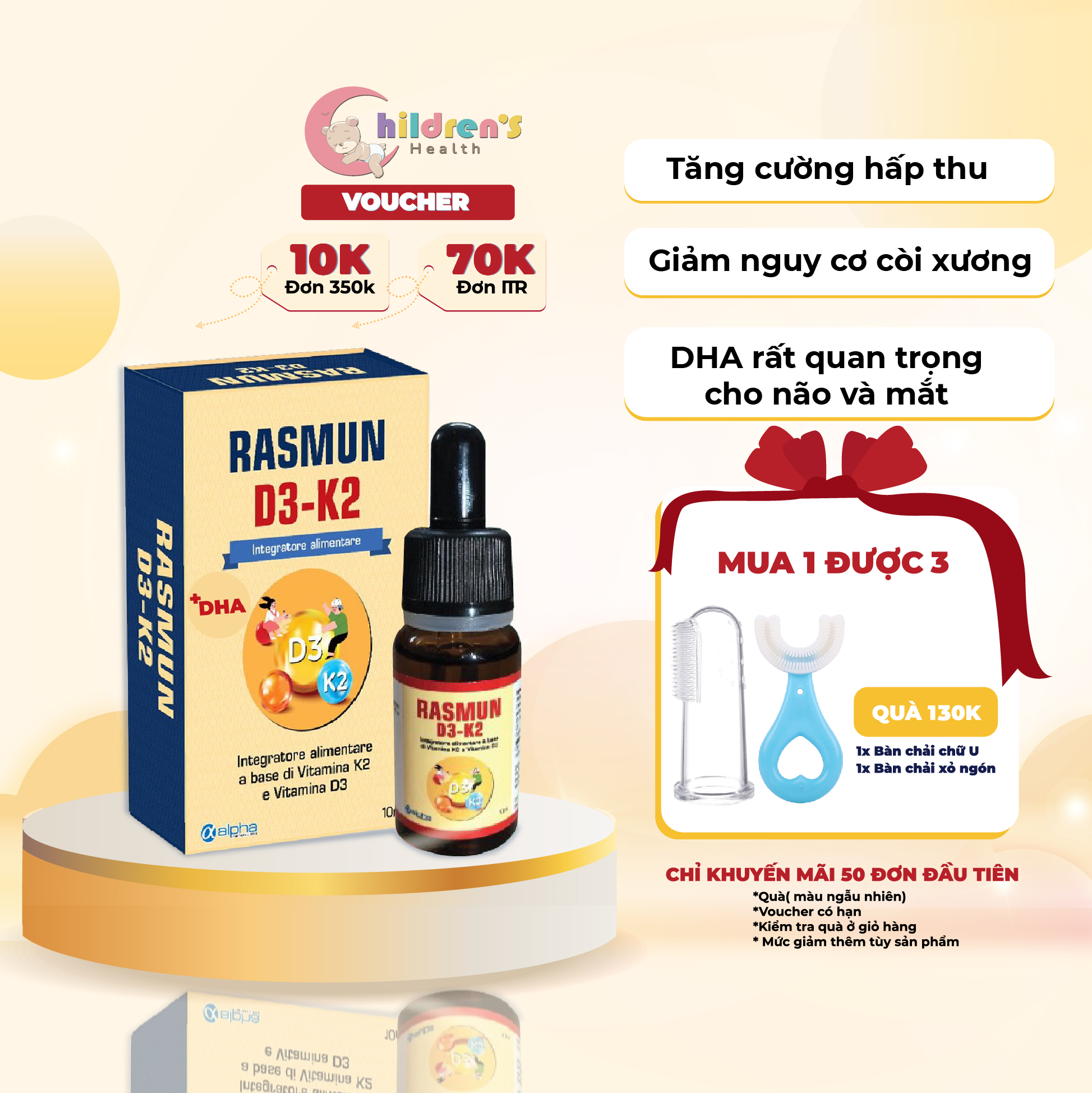 Vitamin bổ sung RASMUN chứa D3K2 và DHA Tăng chiều cao, đề kháng, trí não - Chính Hãng