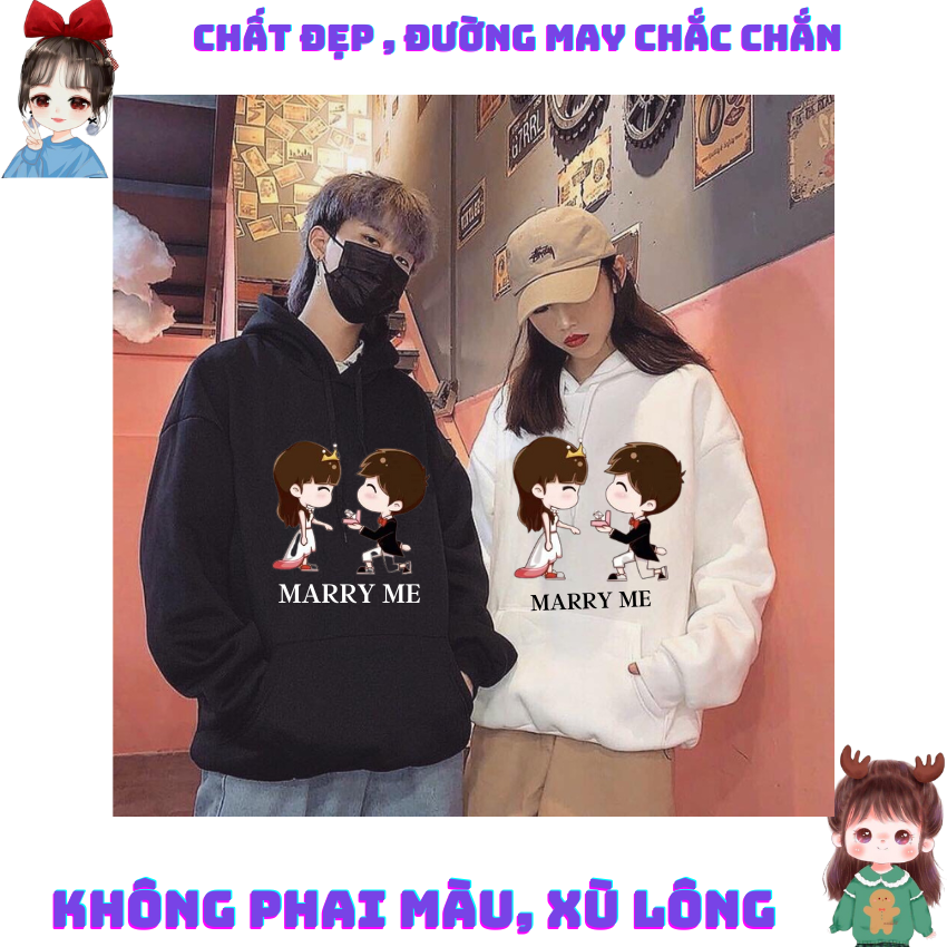 Áo Đôi Nam Nữ MM04, Áo Đôi Nỉ Có Mũ In Hình Cầu Hôn ý Nghĩa, Vải Nỉ Bông In Hình Dễ Thương