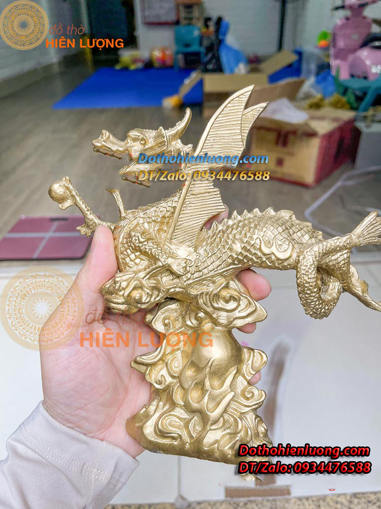 Tượng Rồng Cánh Bay Bệ Mây Màu Vàng Bằng Đồng Kích Thước 20x5x20cm, Nặng 0,9kg - Đồ Thờ Hiên Lượng