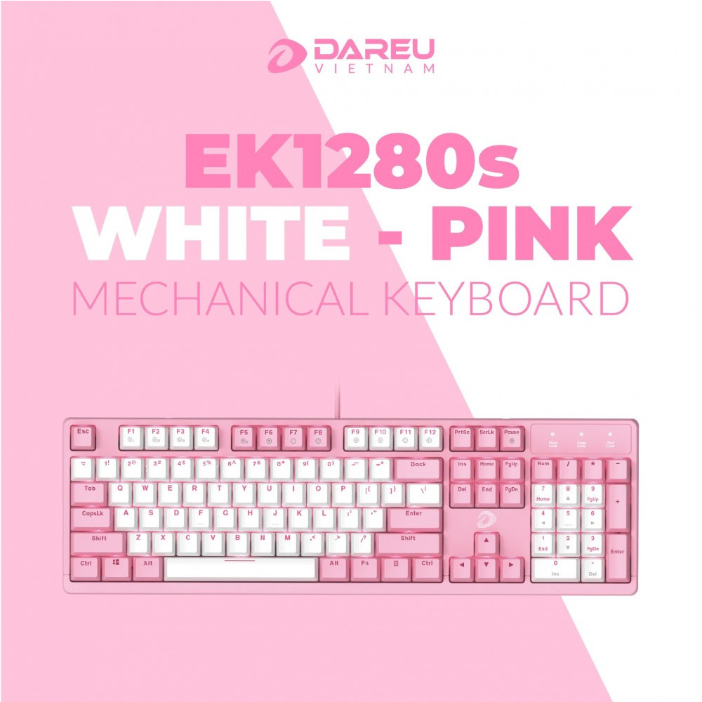 Bàn phím cơ Gaming DAREU EK1280s PINK-WHITE 104KEY (PINK LED, Blue D switch) - Hàng Chính Hãng