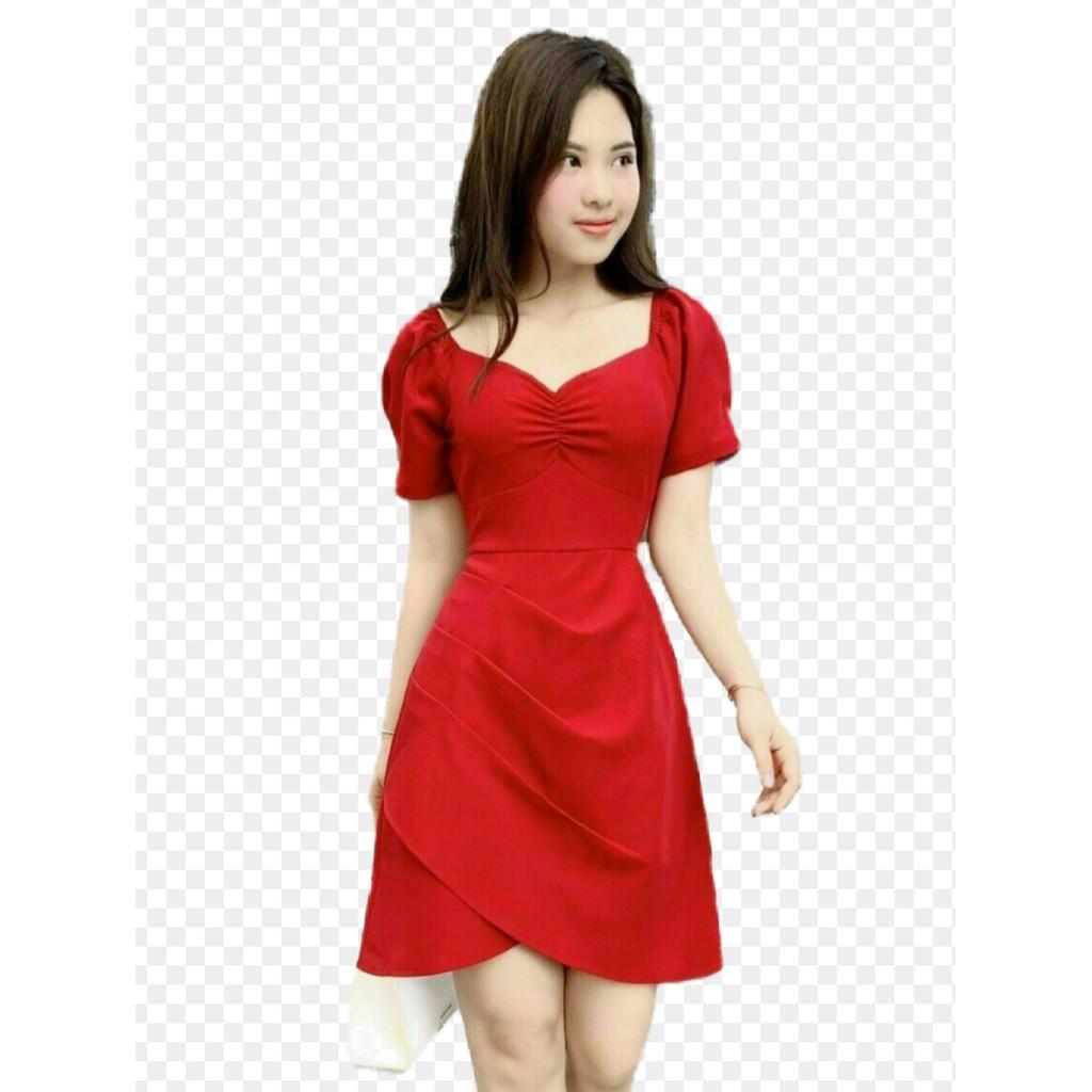 Đầm đỏ tay phồng xếp ly siêu xinh
