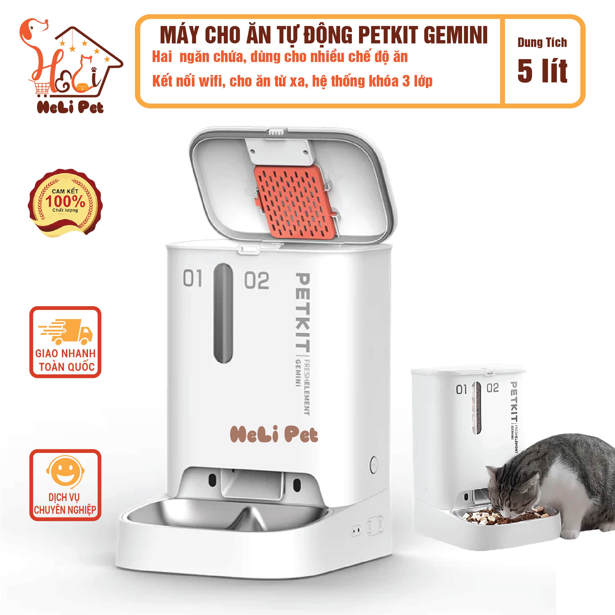 Máy Cho Mèo Ăn Tự Động, Máy Nhả Hạt Hai Ngăn, Máy Cho Chó Ăn Petkit Gemini