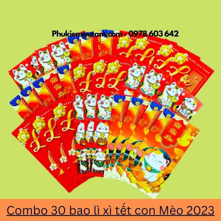 Combo 30 Bao Lì Xì Tết Con Mèo 2023, kích thước: 16cmx8cm, màu đỏ - SP005432