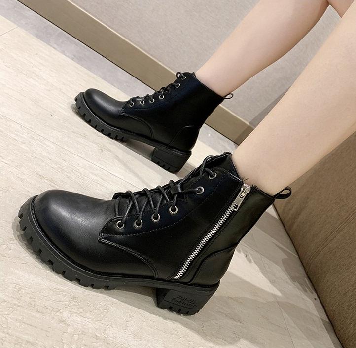 Giày boot nữ đế vuông cá tính cao 5cm khóa kéo kết hợp cột dây cá tính B145