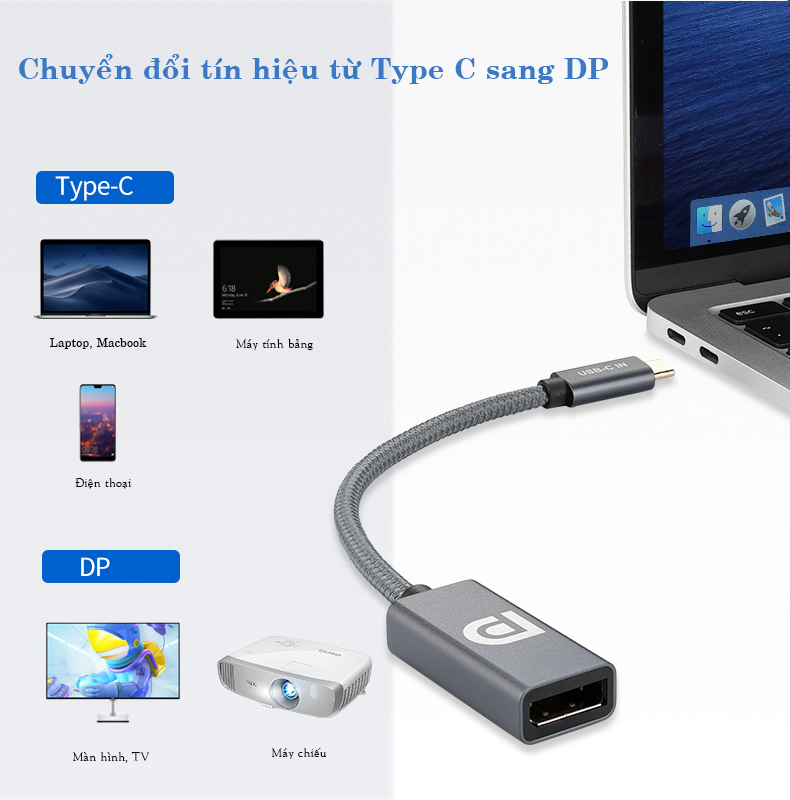 Cáp chuyển đổi từ Type c sang DisplayPort (DP) 4K@60Hz dây dù cao cấp