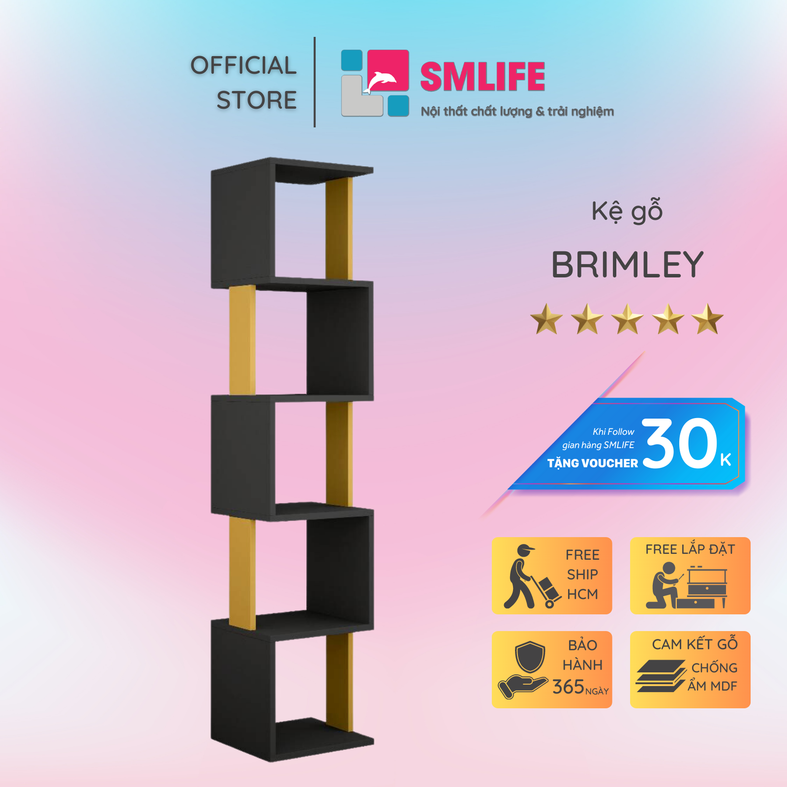 Kệ sách gỗ hiện đại SMLIFE Brimley | Gỗ MDF dày 17mm chống ẩm | D35xR28xC160cm