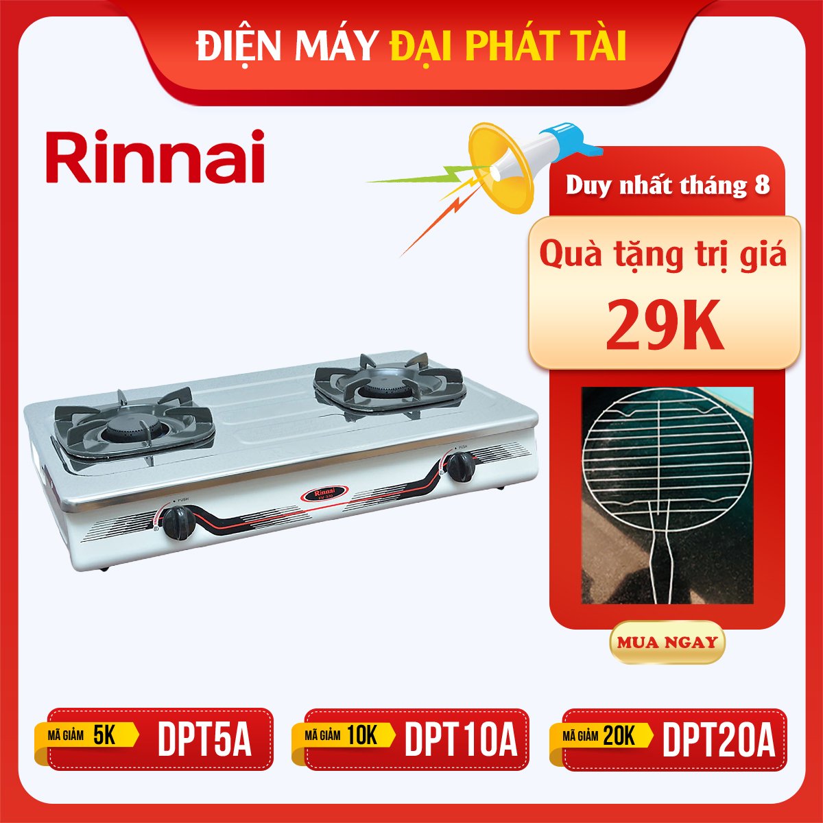 Bếp Gas Dương Rinnai RV-370(SM)N - Bạc Inox - Hàng Chính Hãng