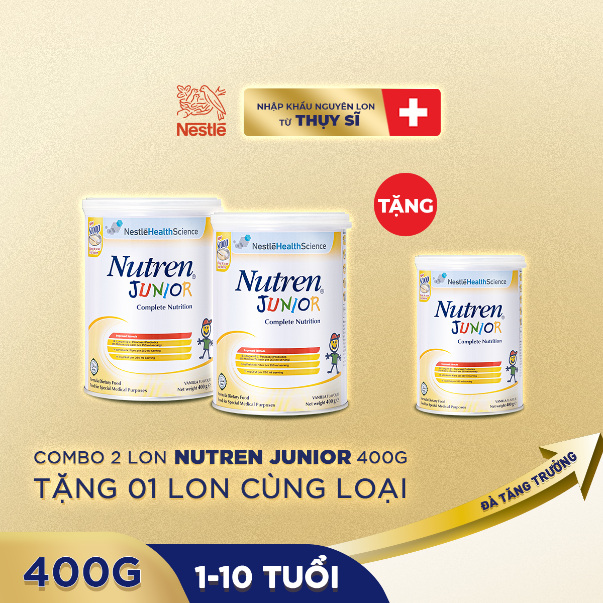 Combo 2 lon thực phẩm dinh dưỡng Nutren Junior Thụy Sĩ 400g/lon dành cho trẻ tử 1 đến 10 tuổi - Tặng 1 lon Nutren Junior 400g