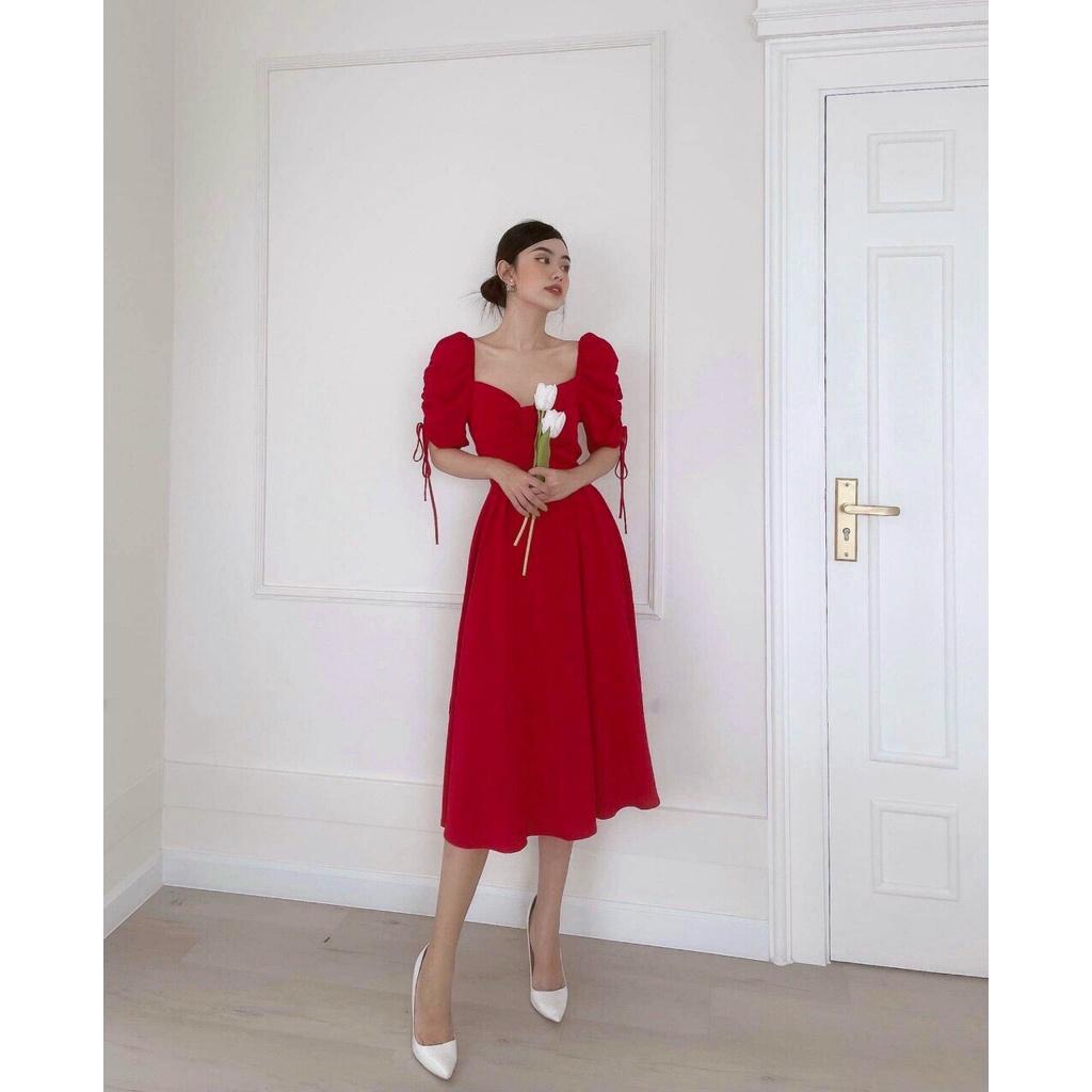 VÁY ĐỎ TRẮNG TAY BỒNG RÚT – ĐẦM MIDI DỰ TIỆC NƠ NGỰC DÁNG XÒE – GD211