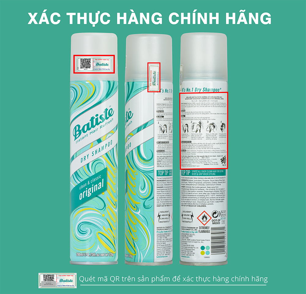 Dầu Gội Khô Hương Cổ Điển Batiste Dry Shampoo Clean &amp; Classic Original 50ml