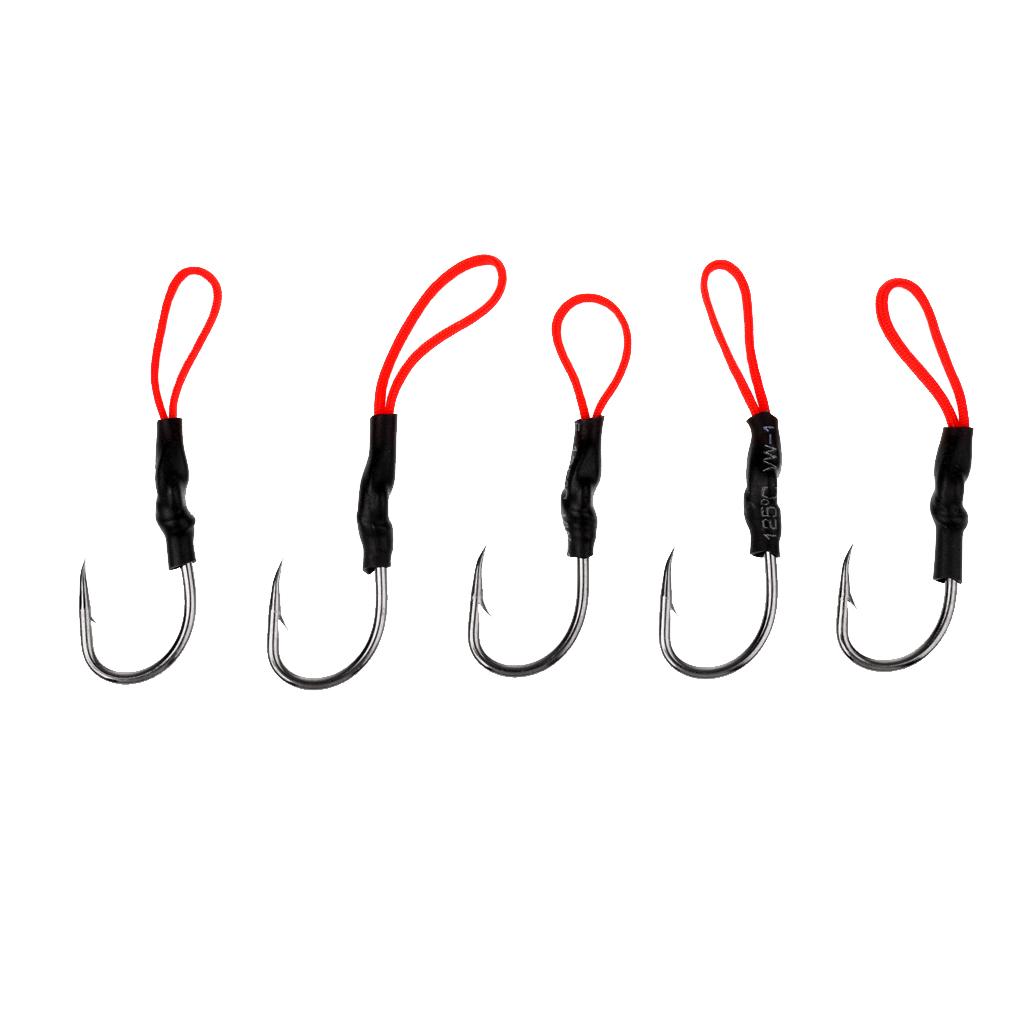 5 Pieces/Pack Fishing Assist Hooks - Barbed Jigging Assist Hooks Stainless Steel Assist Fishing Hooks Fishhooks with Red PE Line