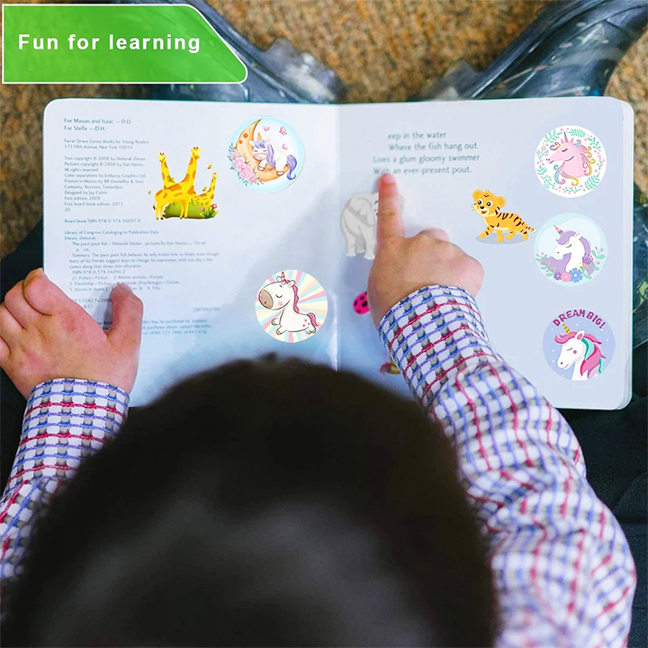 Sticker khen thưởng cho bé, cuộn 500 sticker Unicorn với nhiều họa tiết đáng yêu cho bé trang trí tập sách và góc học tập – SST014
