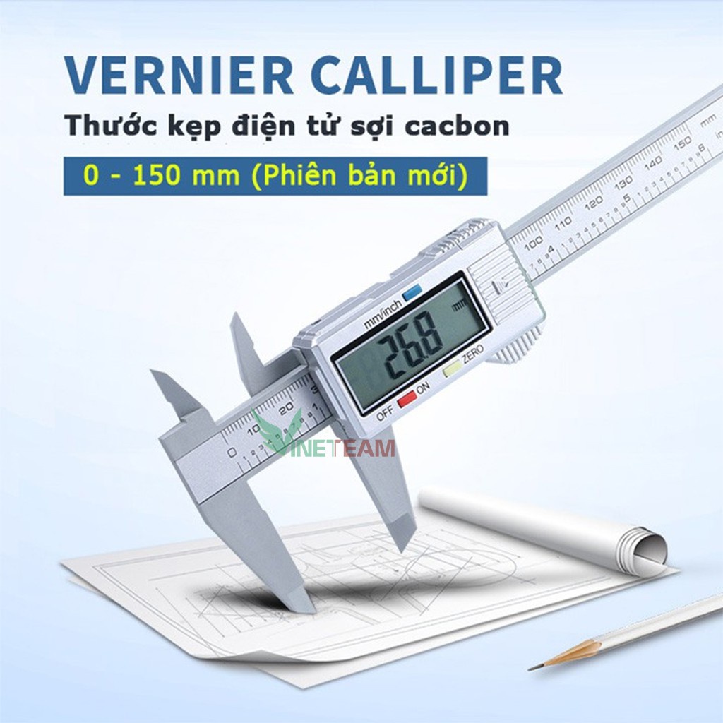 Thước kẹp điện tử sợi nhựa carbon syntek 150mm Vinetteam màn hình LCD, thước cặp cơ bằng thép đo đường kính độ chính xác cao – hàng chính hãng