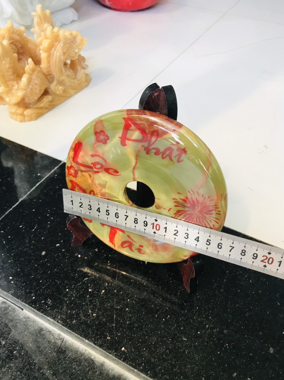 Đồng Điếu phong thủy đá ngọc Pakistan 16cm in chữ PHÁT LỘC PHÁT TÀI