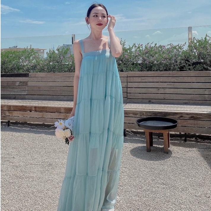 Đầm váy maxi suông dài tơ lót lụa 2 dây hở lưng tầng Ivy fashion đi biển dự tiệc dạo phố bigsize gợi cảm s