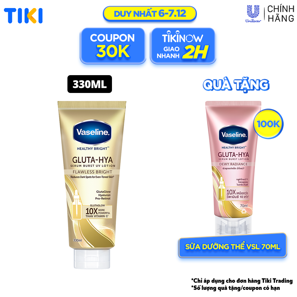 Sữa dưỡng thể Vaseline Gluta-Hya Dưỡng Da Sáng Mịn Sau 7 Ngày Bảo vệ, dưỡng sáng mịn 330 ML