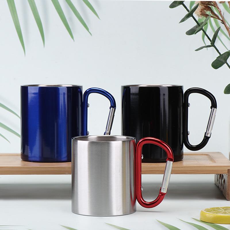 Cốc ngoài trời, thép không gỉ, carabiner, vách đôi, 300 ml, tay cầm có thể gập lại