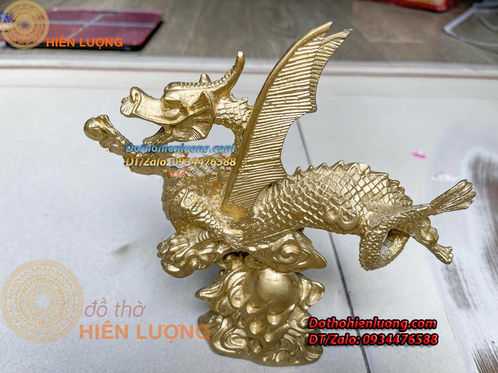Tượng Rồng Cánh Bay Bệ Mây Màu Vàng Bằng Đồng Kích Thước 20x5x20cm, Nặng 0,9kg - Đồ Thờ Hiên Lượng
