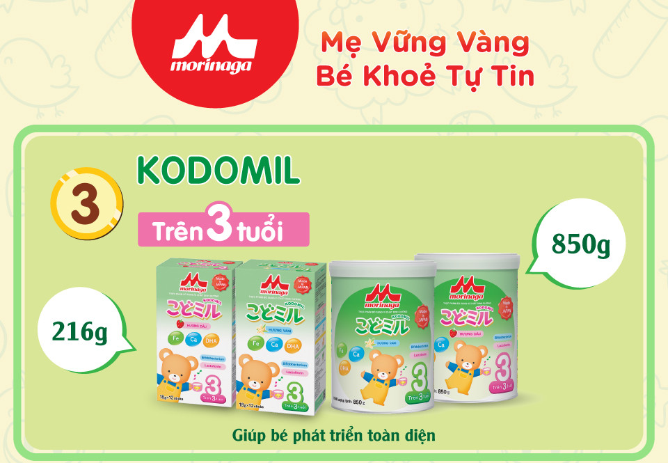 Combo 2 lon Sữa Morinaga số 3 Kodomil 850g - Hương Dâu cho bé từ 3 tuổi trở lên (Không tem)