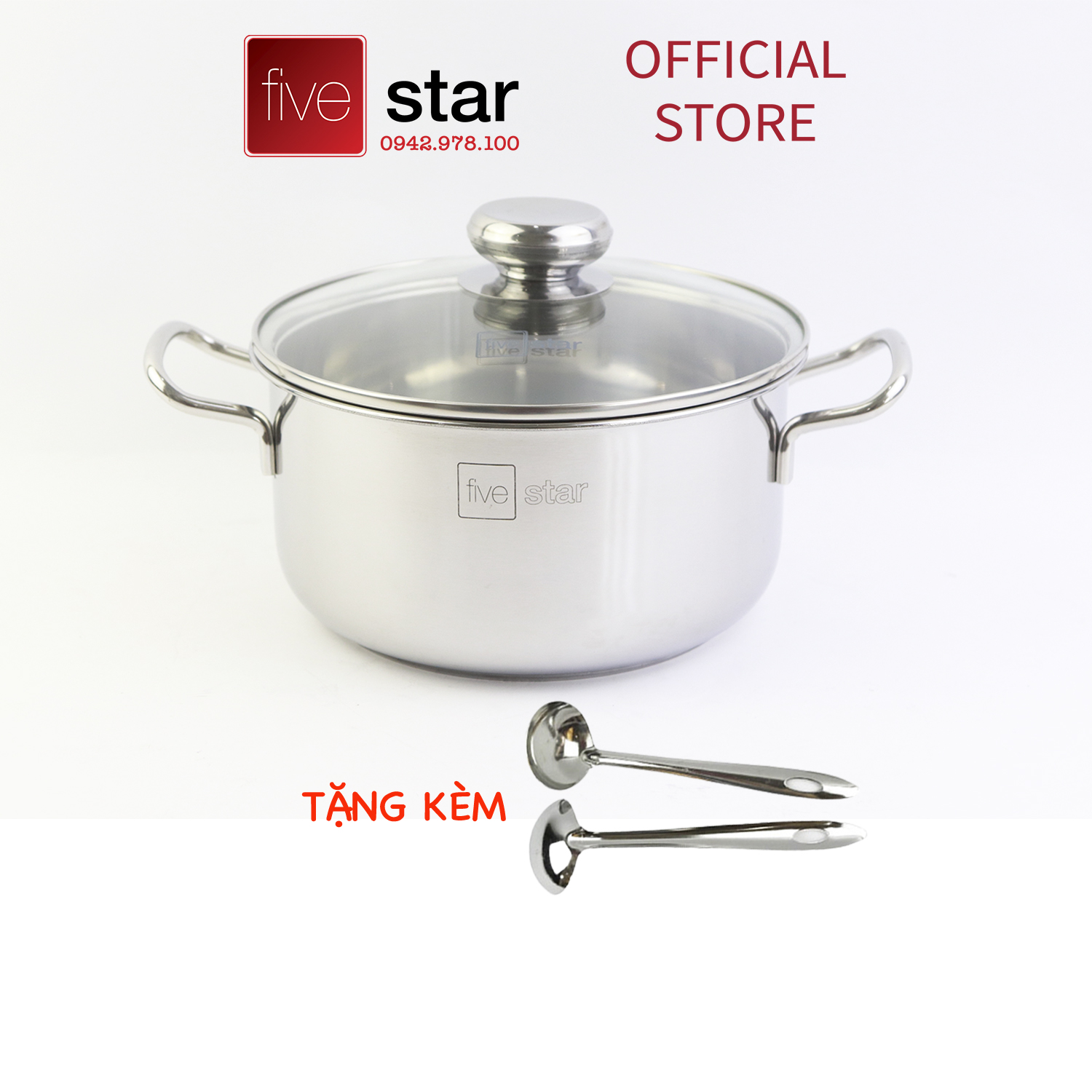 Nồi inox 3 đáy sandwich inox 430 cao cấp Fivestar Standard bếp từ nắp kính  , tặng 2 vá canh