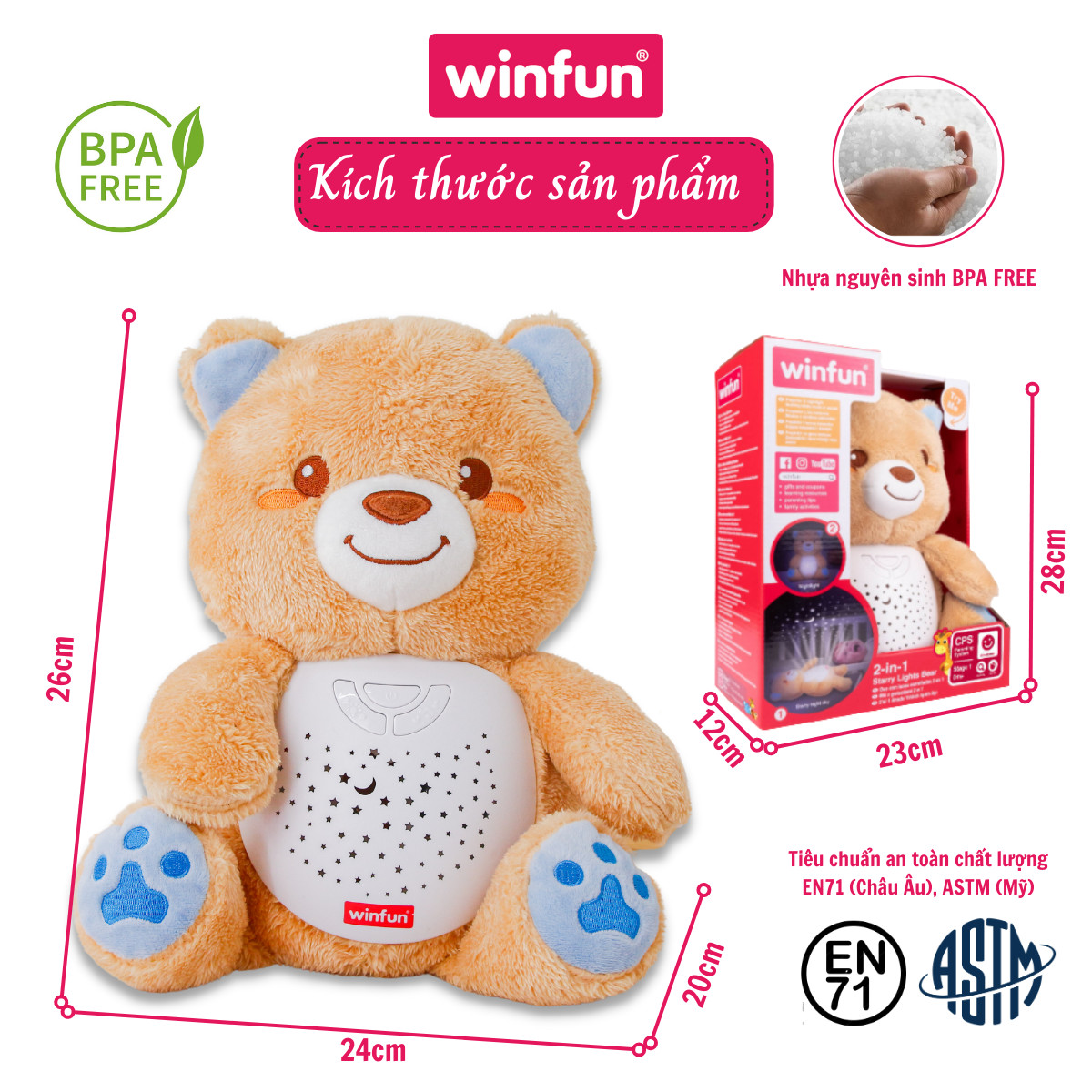 Đèn chiếu trăng sao ru ngủ phát tiếng ồn trắng Winfun 0825-NL hình bạn gấu dễ thương