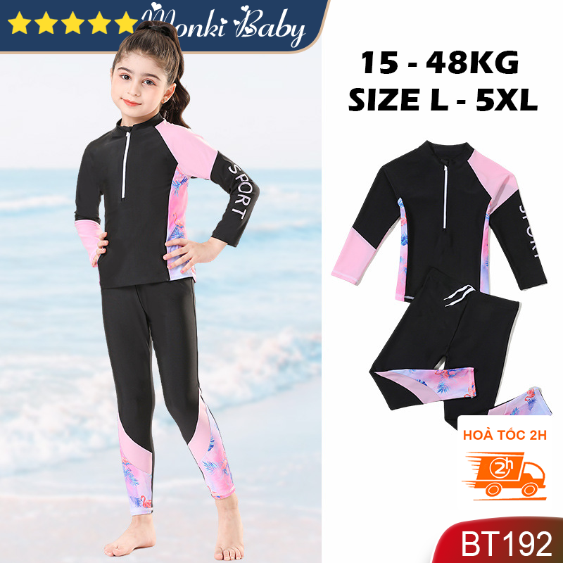 Bộ đồ bơi bé gái 2 mảnh chống nắng kín toàn thân, áo bơi dài tay có khóa kéo trước &amp; quần bơi dài, phối màu đẹp, thời trang | BT192