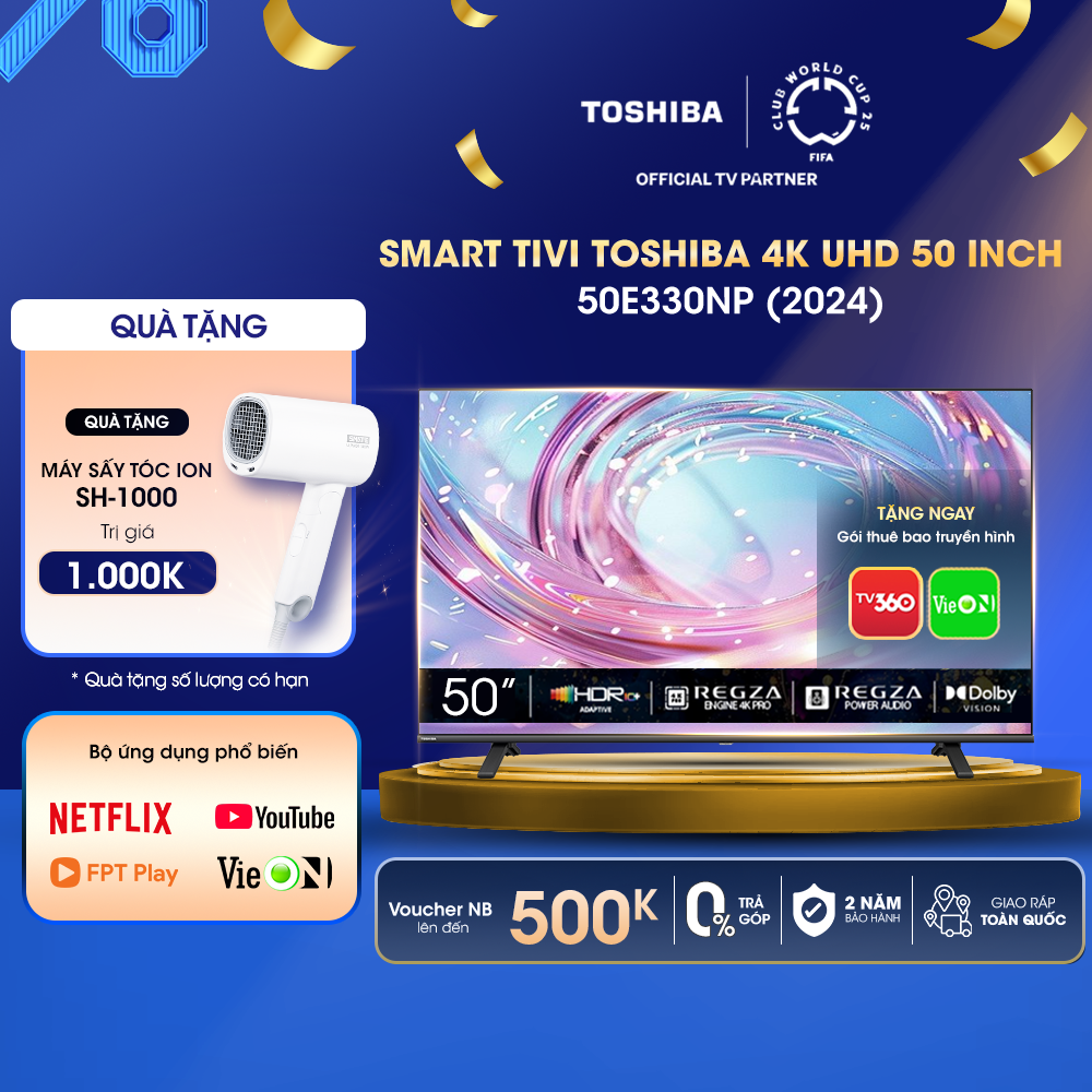Smart Tivi TOSHIBA 50 inch 50E330NP, Màn Hình LED 4K UHD - Loa 24W - Hàng Chính Hãng