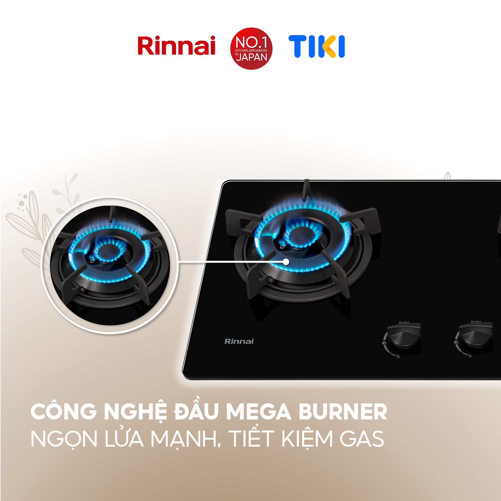 Bếp gas âm Rinnai RVB-220G(B) mặt bếp kính và kiềng bếp gang - Hàng chính hãng.