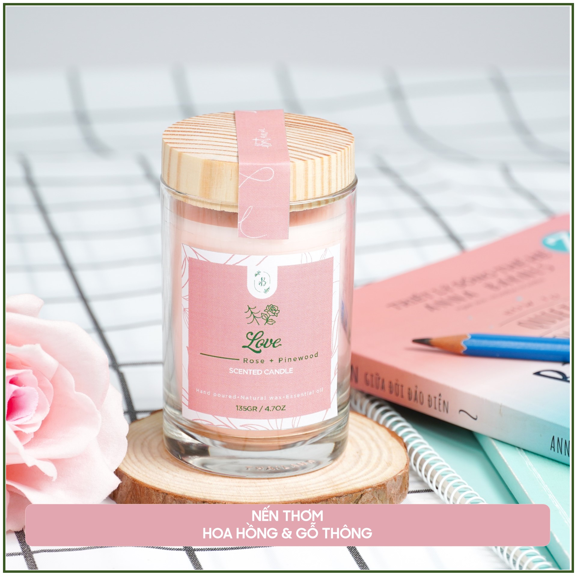 Nến thơm hương hoa hồng tinh dầu thiên nhiên cao cấp - Bấc gỗ, không khói - Sáp nành [Love Candle]