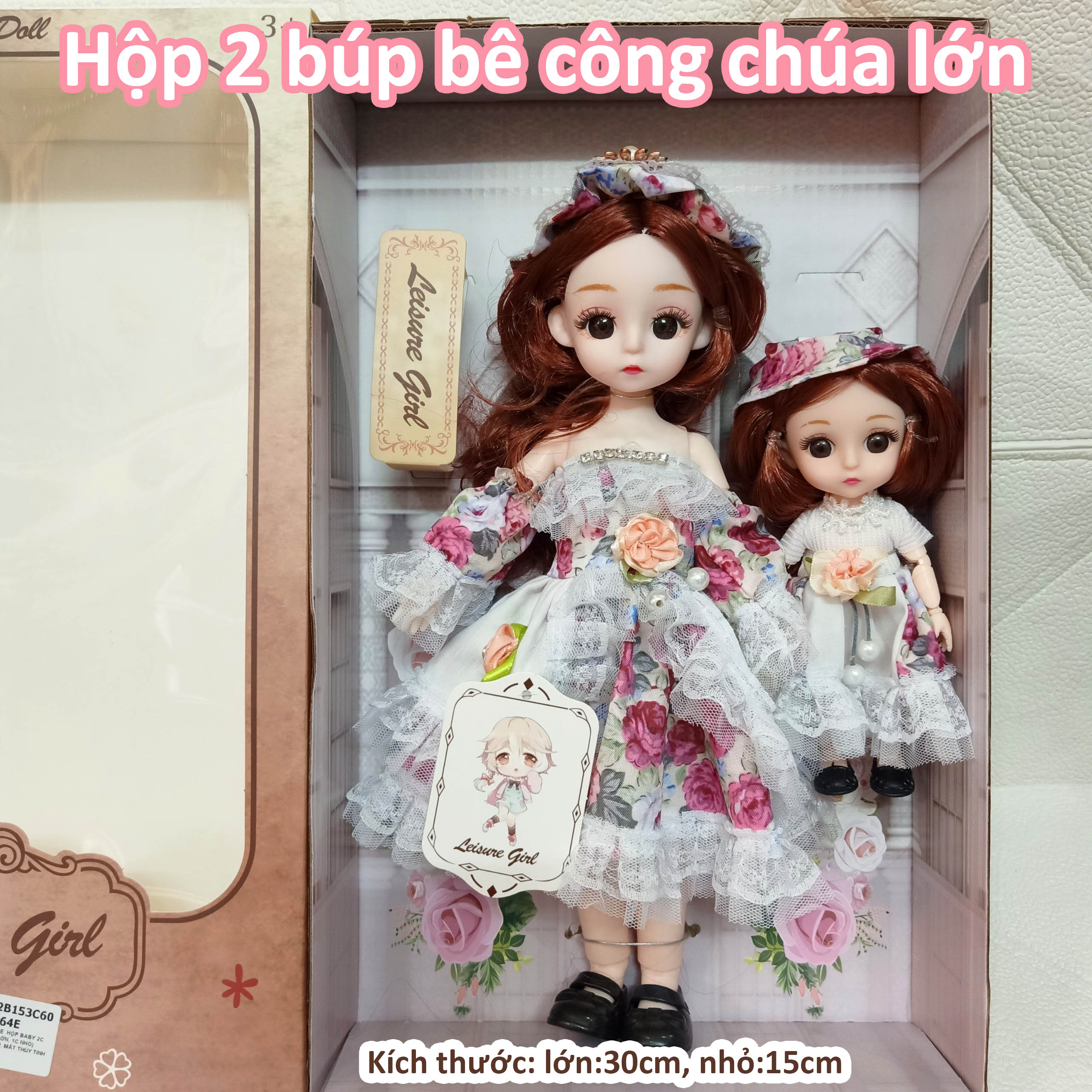 Hộp 2 búp bê chị em váy áo họa tiết đáng yêu mắt thủy tinh có các khớp tay chân linh hoạt