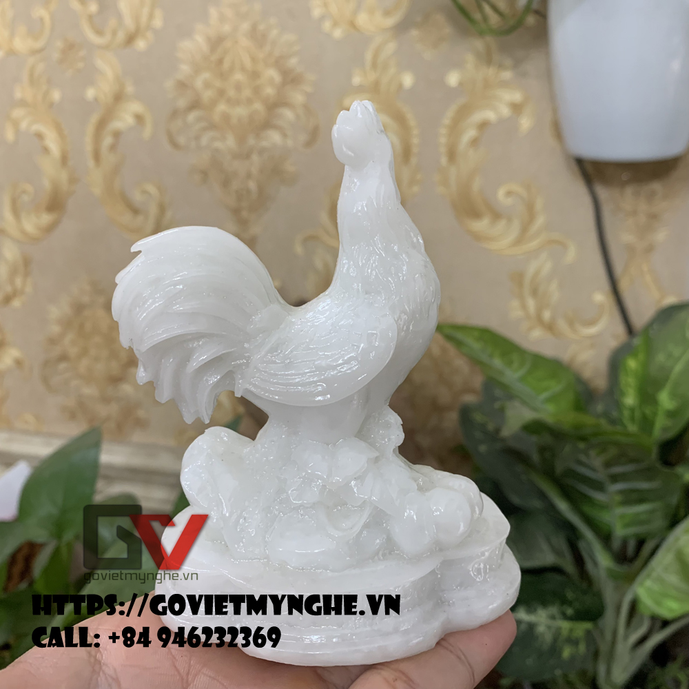 [Linh vật phong thủy] Tượng đá con gà trống phong thủy mang may mắn cho gia chủ - Cao 12cm - Màu đá trắng