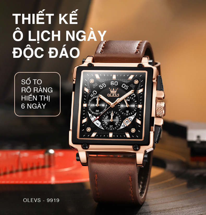 Đồng Hồ Nam OLEVS-9919 Mặt Vuông Cá Tính Mạ Vàng 18K Phong Cách Chronograph Chạy Đủ 6 Kim Có Ô Lịch Ngày, Dây Da Mềm, Rửa Tay Đi Mưa Bơi Lội