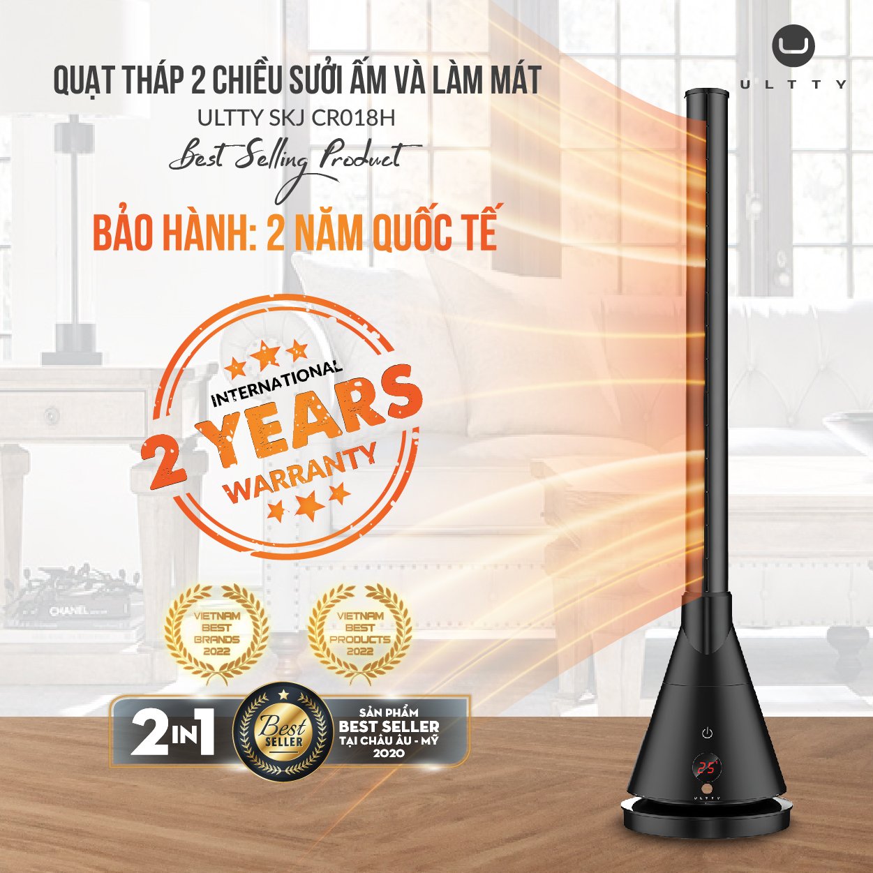 Quạt Làm Mát Và Sưởi Ấm ULTTY SKJ-CR018H, Chất Liệu Sưởi Gốm Ceramic Không Đốt Cháy Oxy, Không Khô Da, Tự Động Tắt Khi Quá Nhiệt - Màu Trắng - Hàng Chính Hãng