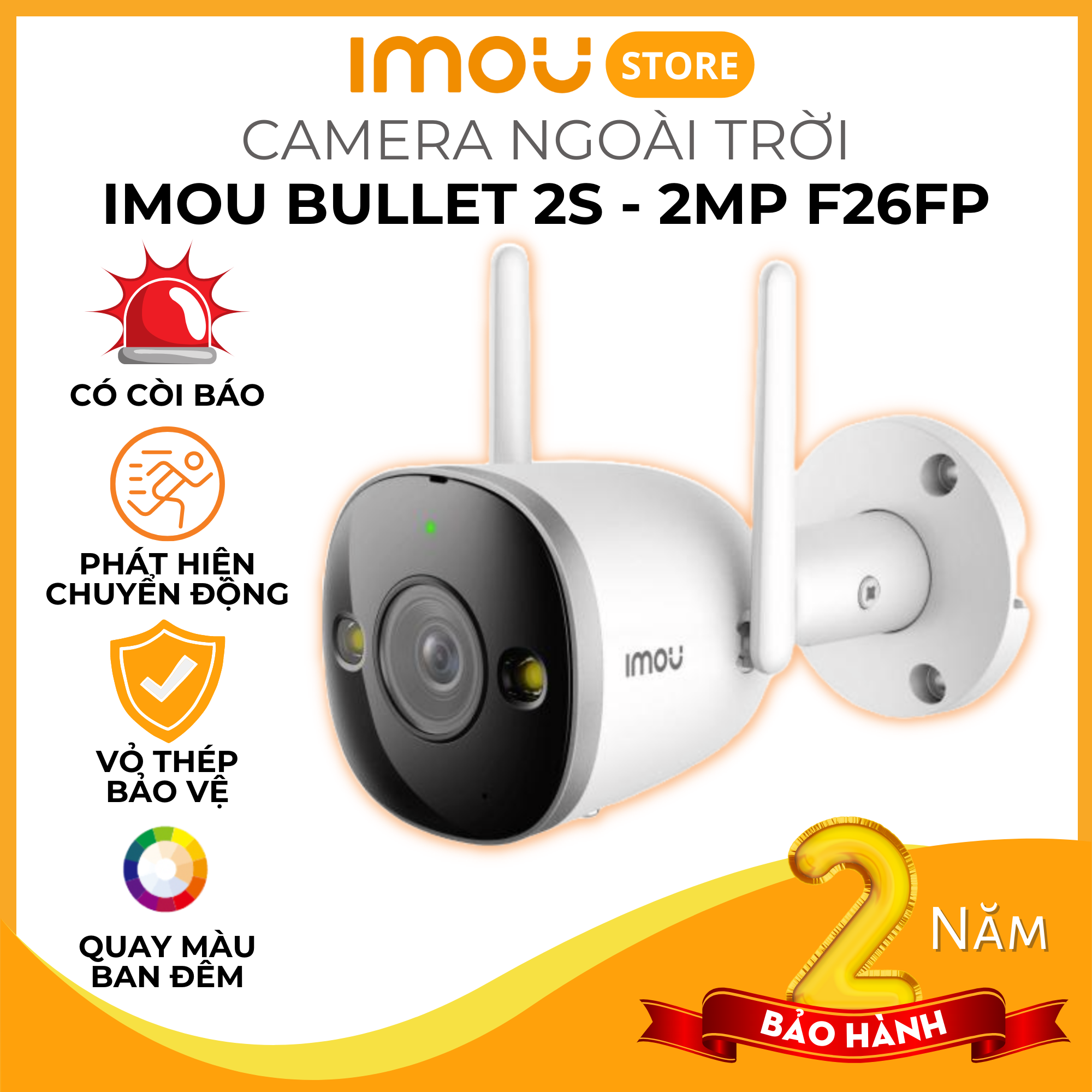 Camera IMOU Bullet 2S, Camera Ngoài Trời, Khẩu độ lớn F1.0, Chống nước IP67, Chuẩn nén H265, Theo dõi chuyển động, Quay Màu ban đêm - Hãng Chính Hãng