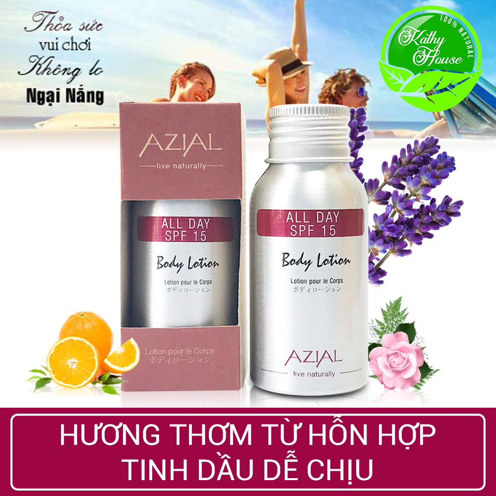 Sữa dưỡng thể chống nắng AZIAL All Day Body Lotion SPF15, 100% thiên nhiên, giải độc tố, chai 50ml