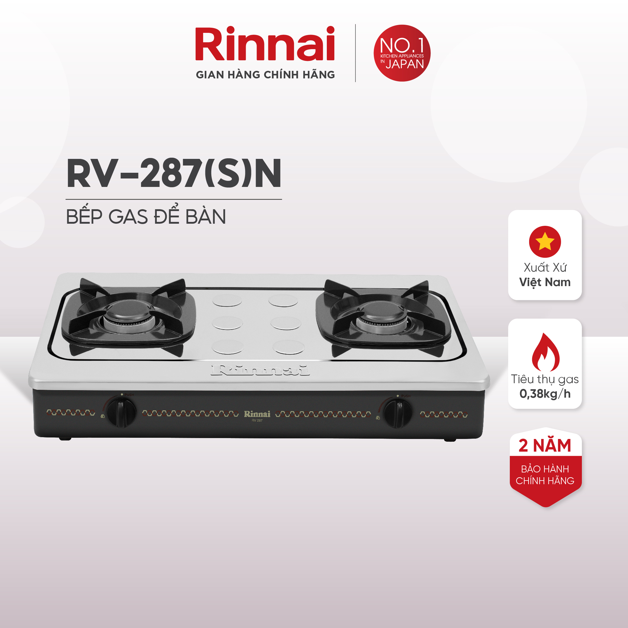 Bếp gas dương Rinnai RV-287(S)N mặt bếp inox và kiềng bếp men - Hàng chính hãng.