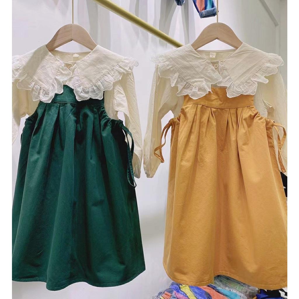 Bộ yếm cho bé gái phối sơ mi dáng babydoll rộng tone màu Hàn Quốc size 12-30kg hàng Quảng Châu