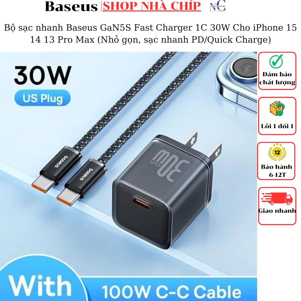 Bộ sạc nhanh Baseus GaN5S Fast Charger 1C 30W Cho iPhone 15 14 13 Pro Max (Nhỏ gọn, sạc nhanh PD/Quick Charge)- Hàng nhập khẩu