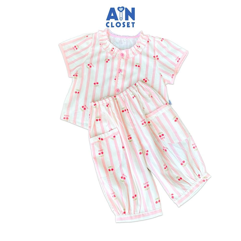 Bộ quần áo Lửng be gái họa tiết Cherry Kẻ Hồng Cotton - AICDBG1YDVA9 - AIN Closet