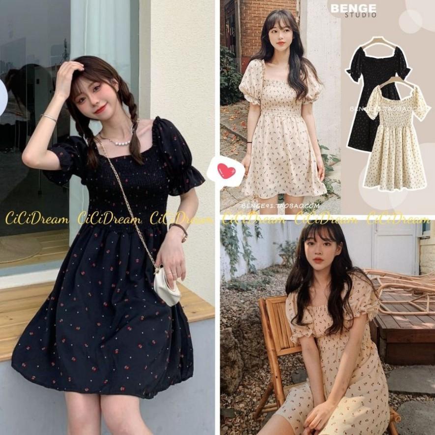 Váy hoa nhí xòe cổ vuông trễ vai ngắn tay chun ngực ulzzang